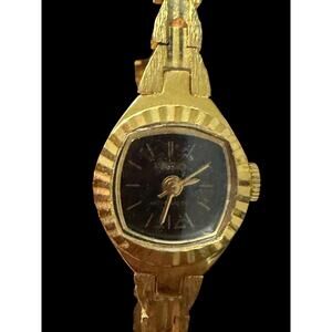 Vintage Ladies Gold Tone Wristwatch with Black Dial - Stainless Steel Back